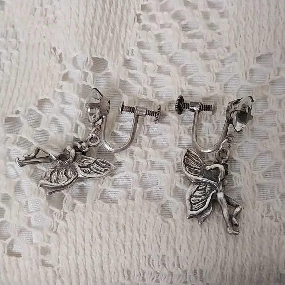 Rare Vintage Fairy Sterling Silver 925 Dangle Clear Crystal Screw Back Earrings - Picture 3 of 4